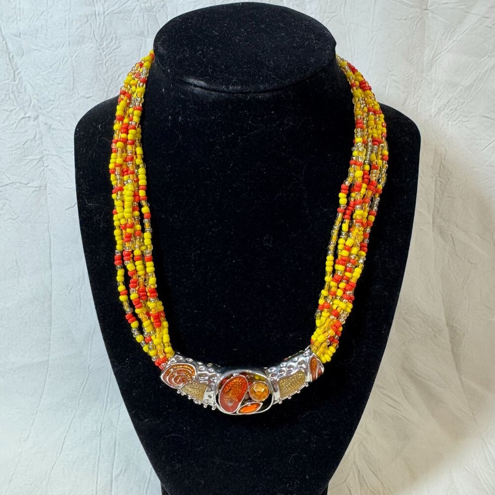 Multicolor 7 strand Seed Bead Statement Necklace With Silver & Orange Pendant